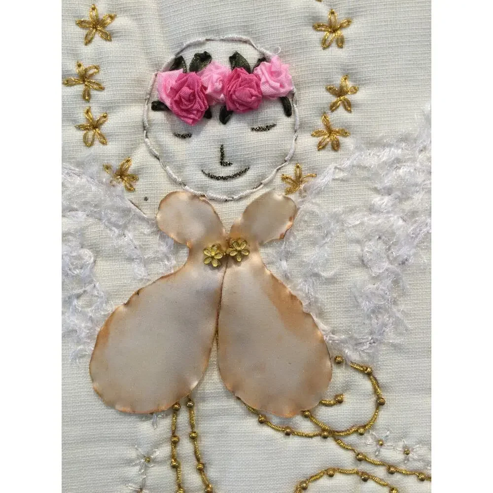 Vtg Handmade Square Pillow Cover Shabby Rose White Pink Angel Lace Valentine Day